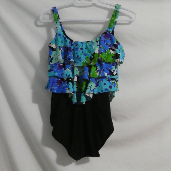 Floral One Piece Swimsuit | medium | Padded Bra Front | Solid Black Bottom - Picture 2 of 16
